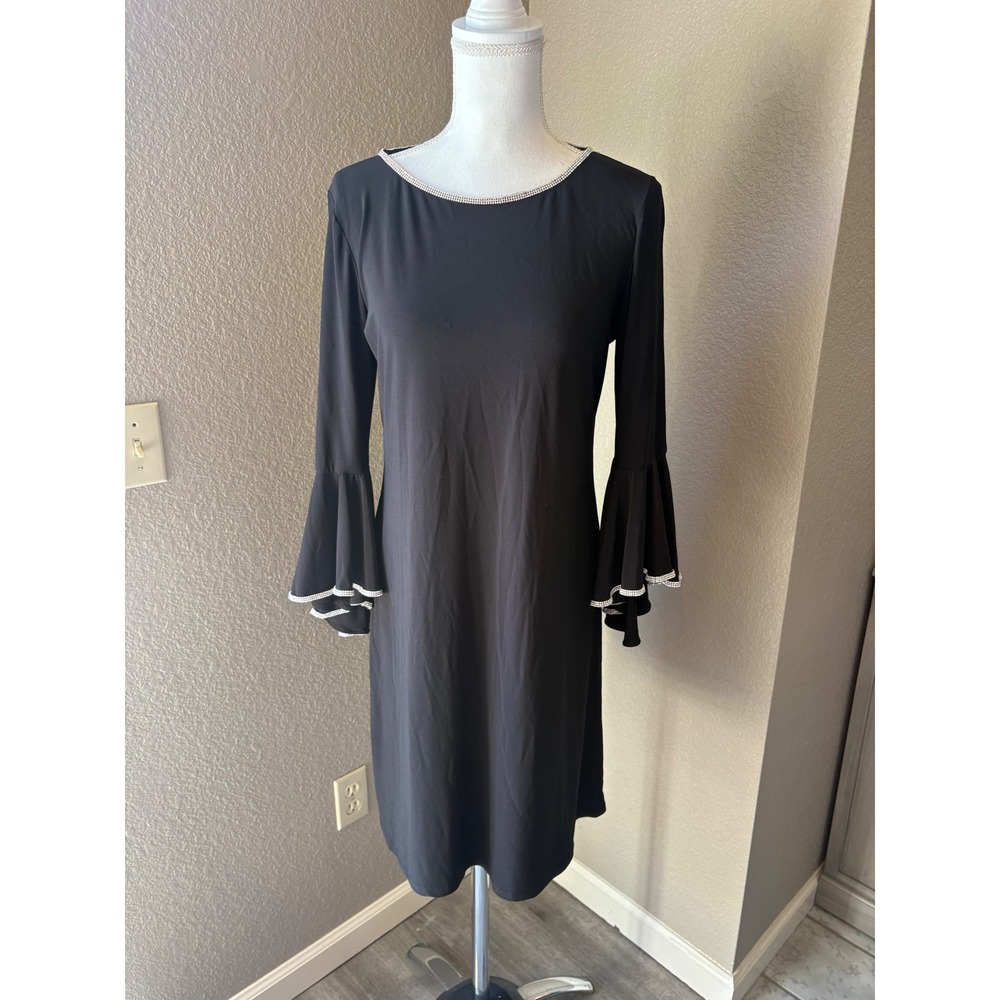 MSK Womens Medium Black Rhinestone Trim Bell Sleeve Shift Dress Knee Length